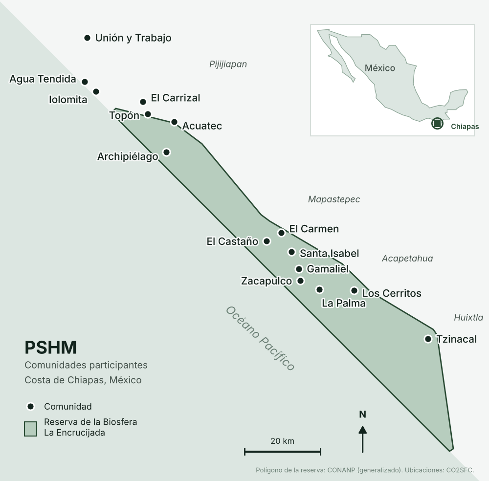 Mapa de las comunidades participantes en el proyecto PSHM y la Reserva de la Biosfera La Encrucijada, costa de Chiapas